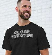 Man wearing a black t-shirt with 'GLOBE THEATRE' text against a white background