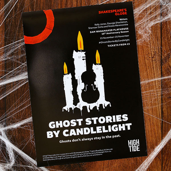 Black portrait orientated poster with red and white text and central graphic of melting candles lit