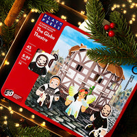 Playset packaging for 'The Globe Theatre' with characters and building illustration, surrounded by Christmas decorations.