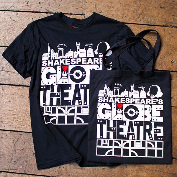 Black t-shirt and tote bag with 'Shakespeare's Globe Theatre' design on a wooden surface