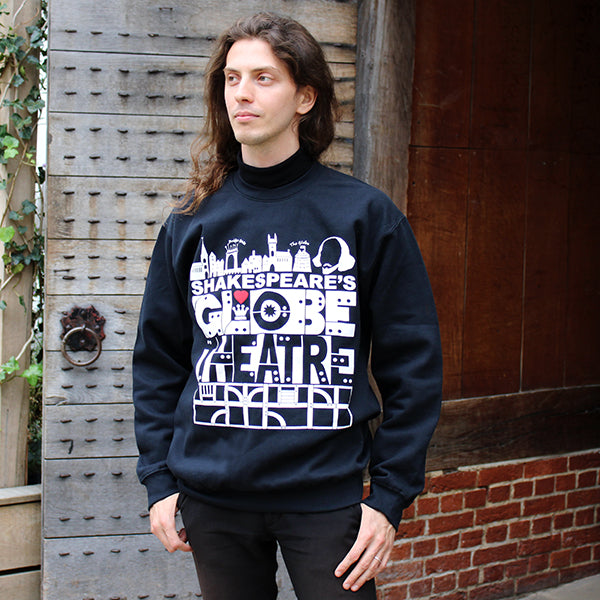 Black sweatshirt with white graphic text and print depicting London skyline, featuring single red heart
