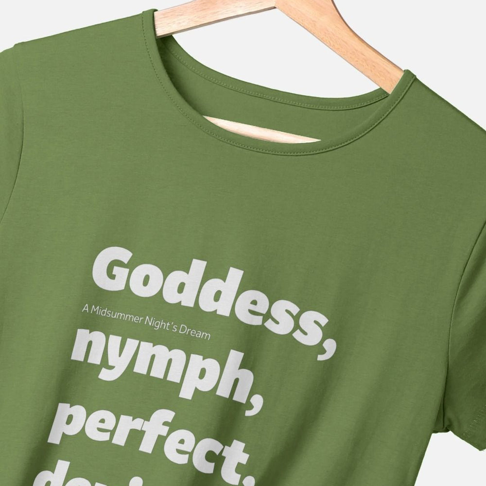 
                  
                    moss-green t-shirt with white graphic text down centre front
                  
                