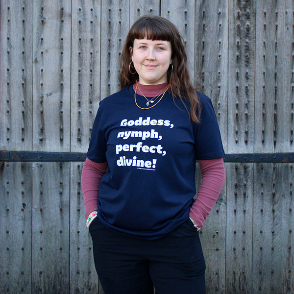 Navy blue t-shirt with white graphic text down centre front