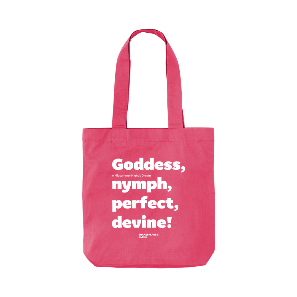 
                  
                    Raspberry Pink A Midsummer Night's Dream Organic Tote Bag (Goddess), two handle tote bag with white graphic text across centre front
                  
                