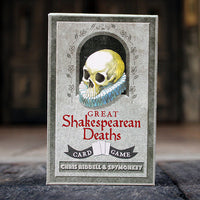 Card game box for 'Great Shakespearean Deaths' with a skull illustration on a dark background