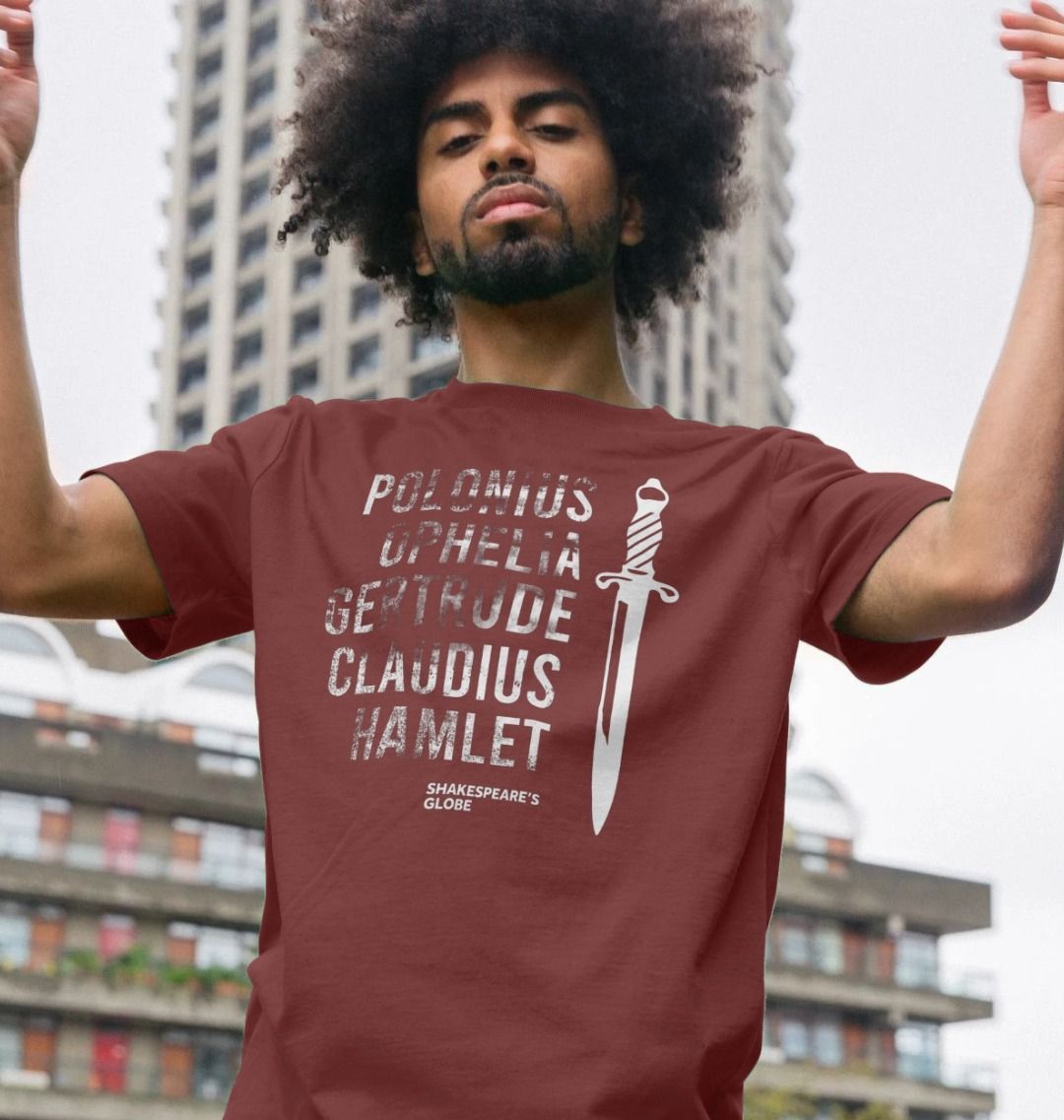 Red standard fit t-shirt with white graphic text lines down centre front with a dagger running alongside them 