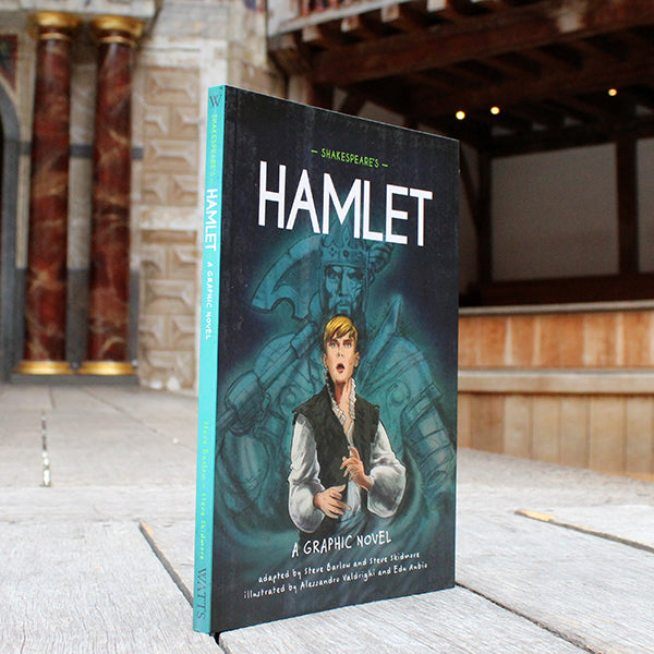 Blue green paperback book with bold white text and cartoon Hamlet character depictions