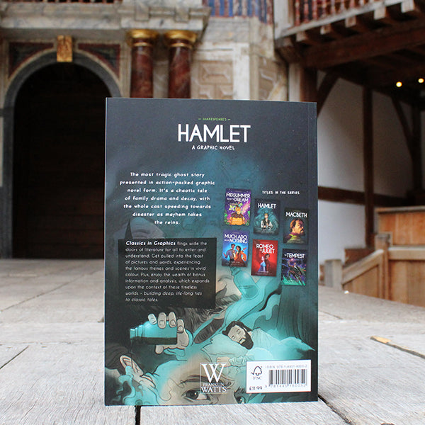 
                  
                    Blue green paperback book with bold white text and cartoon Hamlet character depictions
                  
                