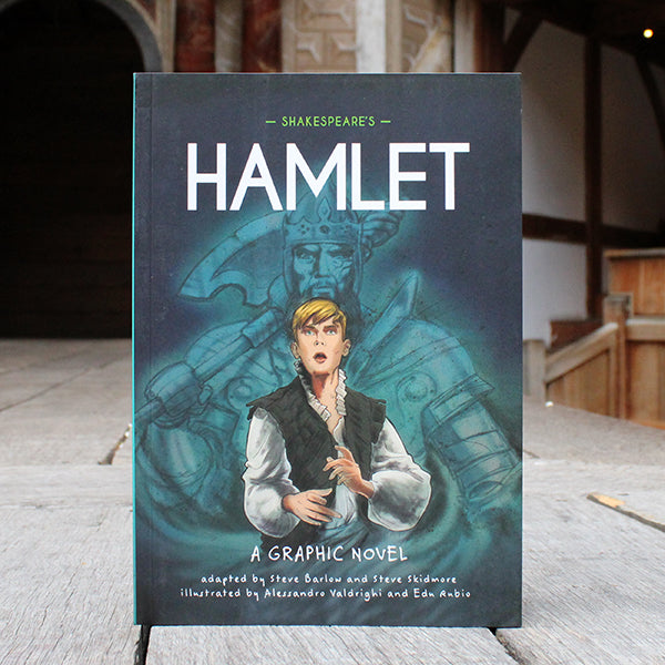 Blue green paperback book with bold white text and cartoon Hamlet character depictions