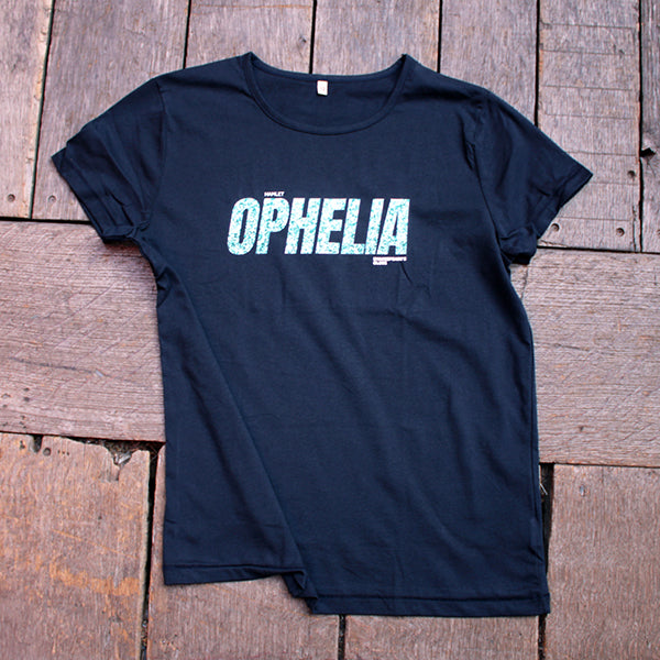 Navy blue t-shirt with 'Ophelia' printed on it, laid flat on wooden surface