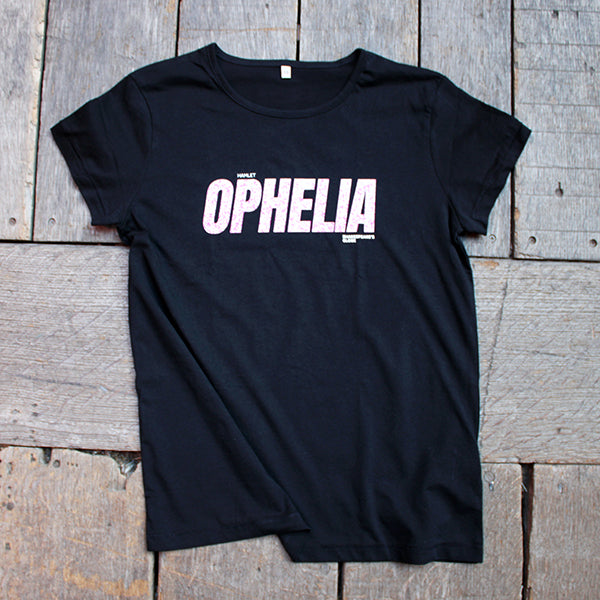 Black t-shirt with 'Ophelia' printed on it, laid flat on a wooden surface.