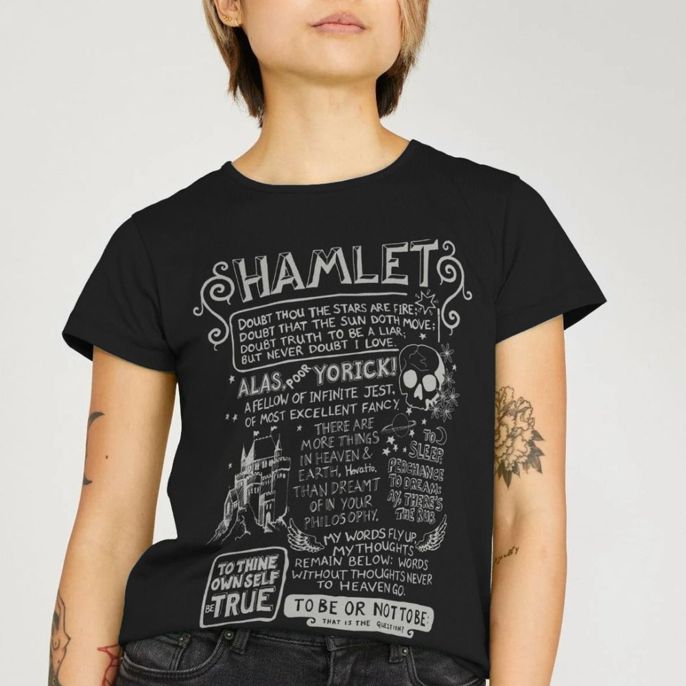 Black fitted t-shirt with white graphic text on the centre front depicting Hamlet