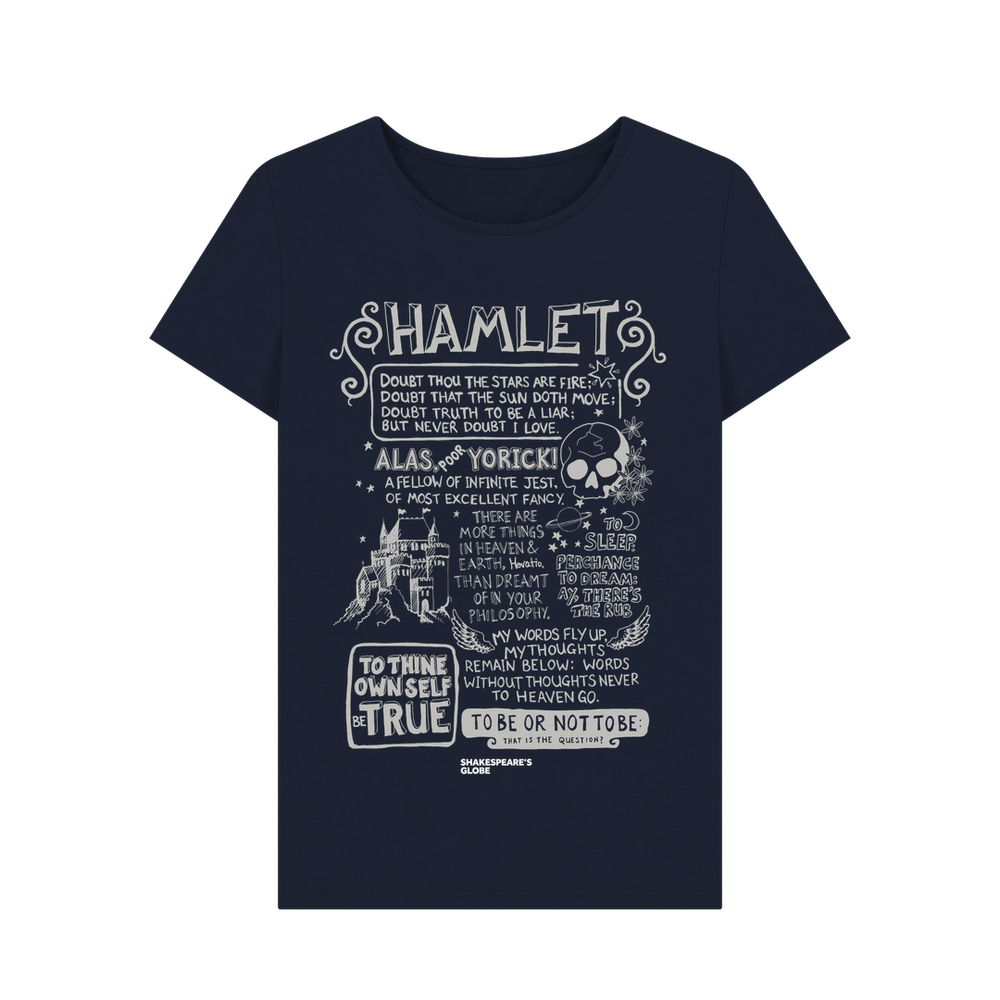 
                  
                    Navy blue fitted t-shirt with white graphic text on the centre front depicting Hamlet
                  
                