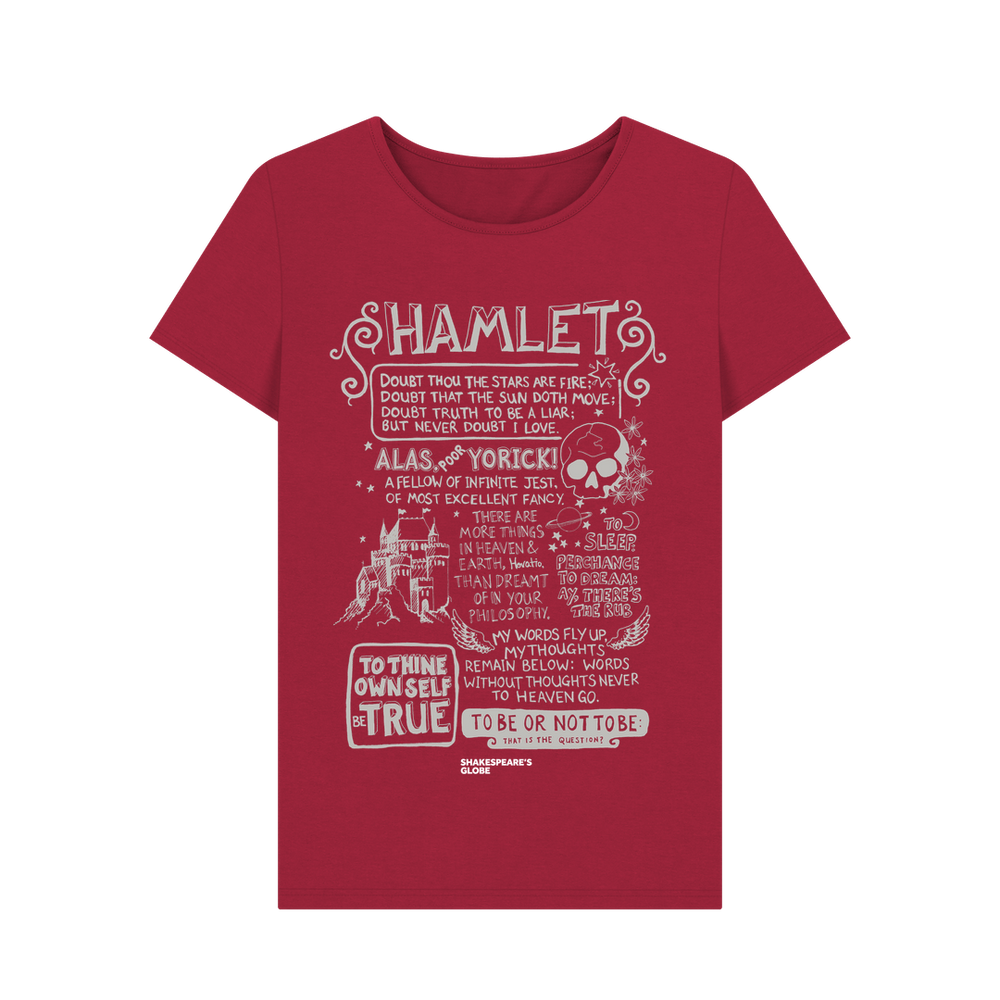 
                  
                    Red fitted t-shirt with white graphic text on the centre front depicting Hamlet
                  
                