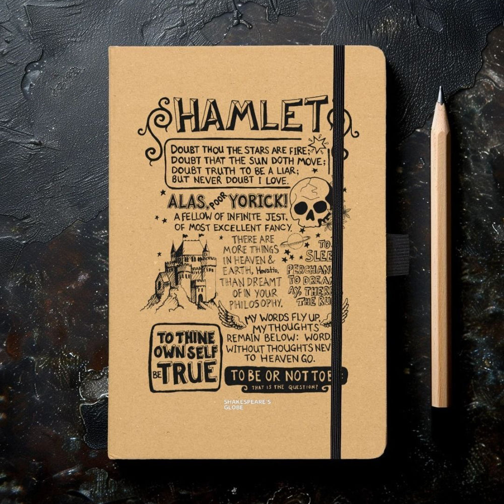 Kraft notebook with black graphic text depicting Hamlet, with black elastic closure and sharpened pencil sitting next to it