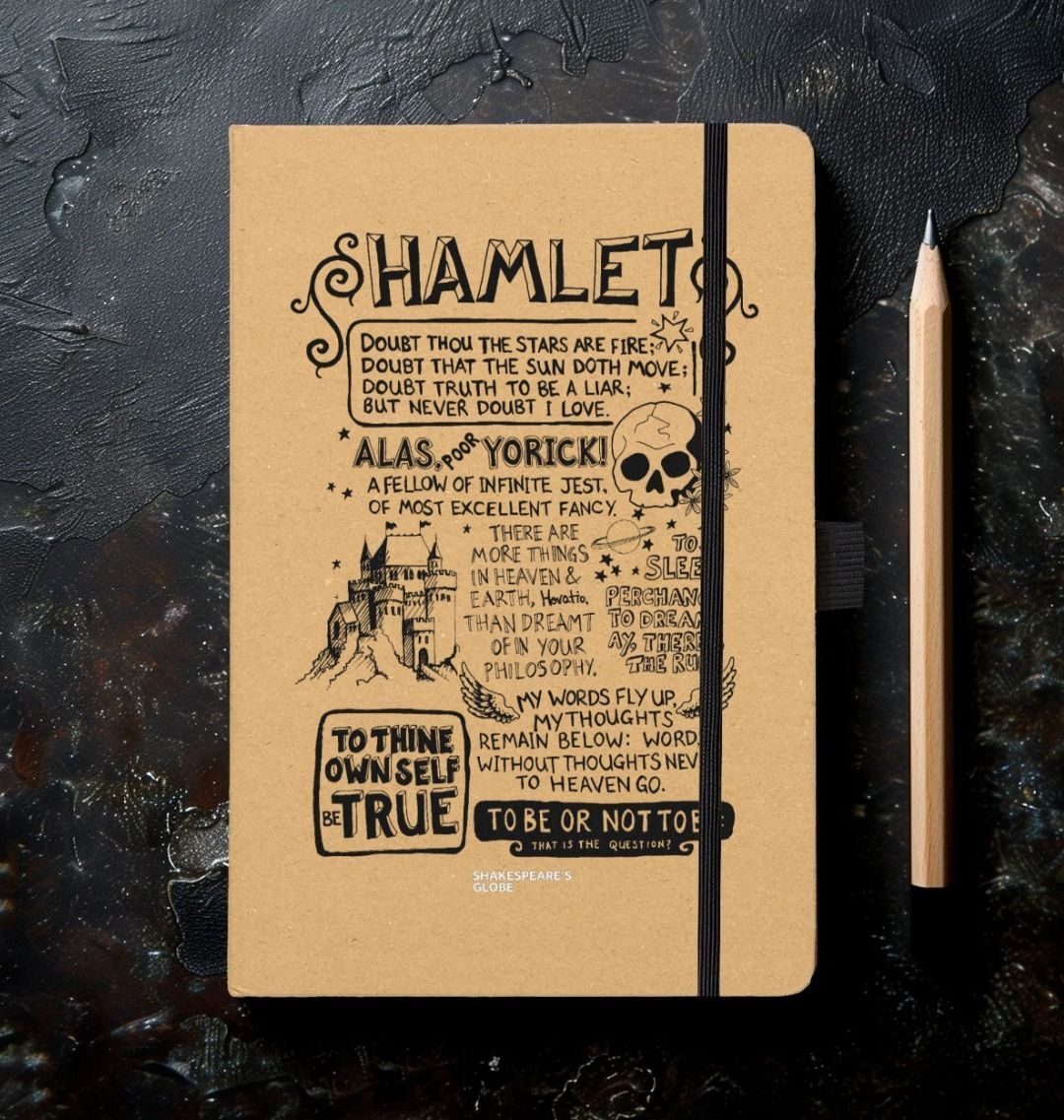 Kraft notebook with black graphic text depicting Hamlet, with black elastic closure and sharpened pencil sitting next to it