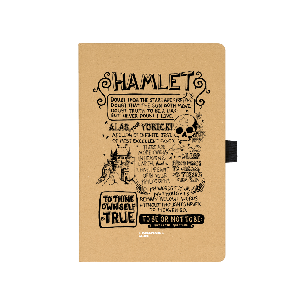 Kraft notebook with black graphic text depicting Hamlet, with black elastic closure and sharpened pencil sitting next to it