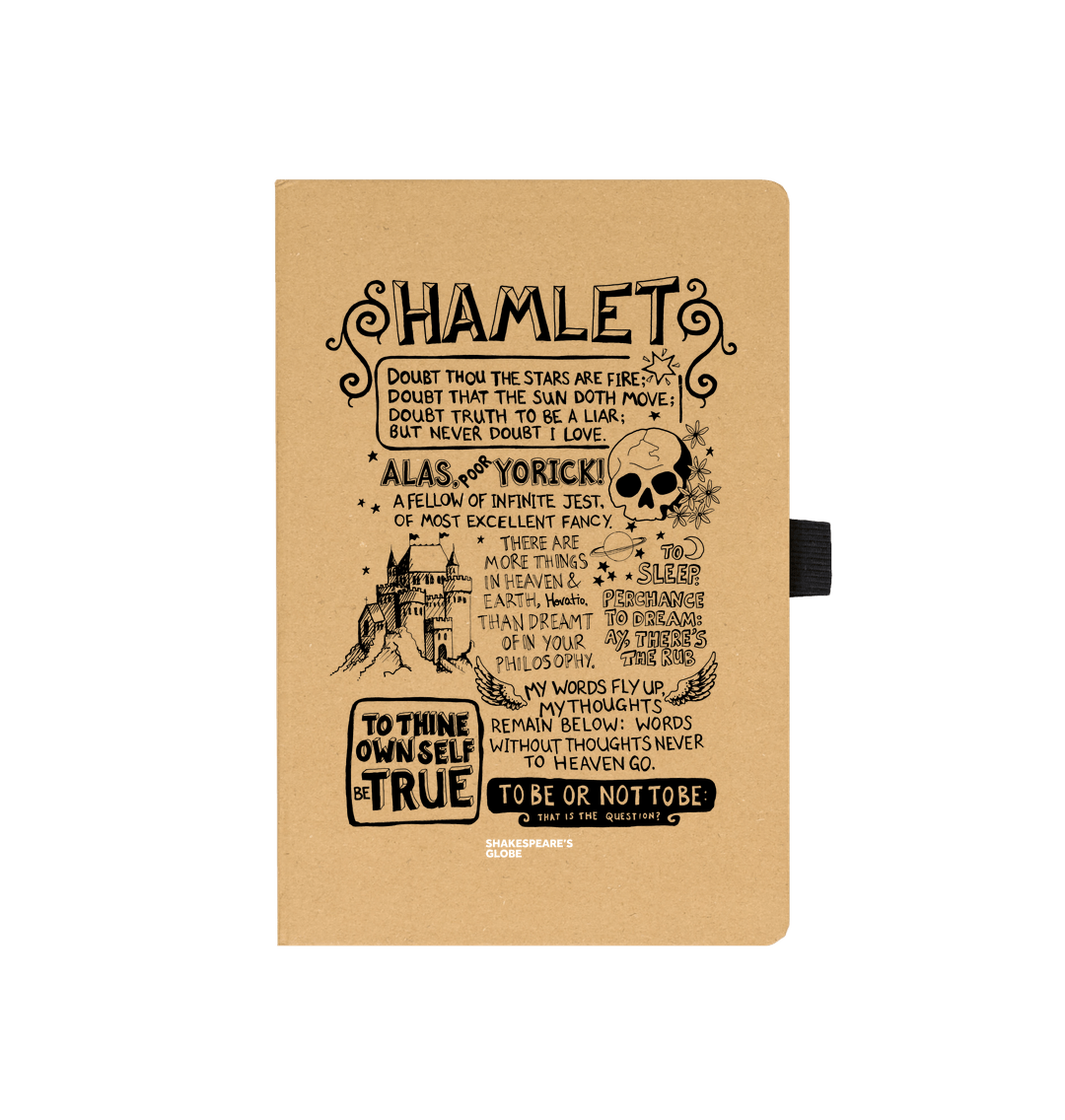 Kraft notebook with black graphic text depicting Hamlet, with black elastic closure and sharpened pencil sitting next to it