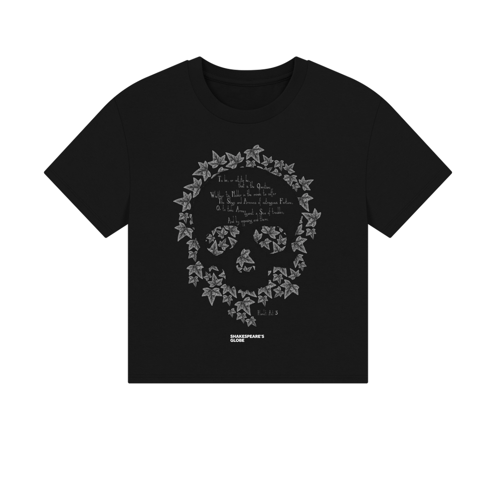 
                  
                    Black cotton boxy fit t-shirt with graphic leaf skull motif and graphic text in pale grey colour across the front
                  
                