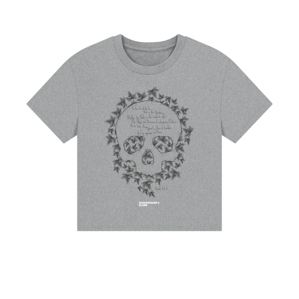 
                  
                    Heathered grey cotton boxy fit t-shirt with graphic leaf skull motif and graphic text in pale grey colour across the front
                  
                