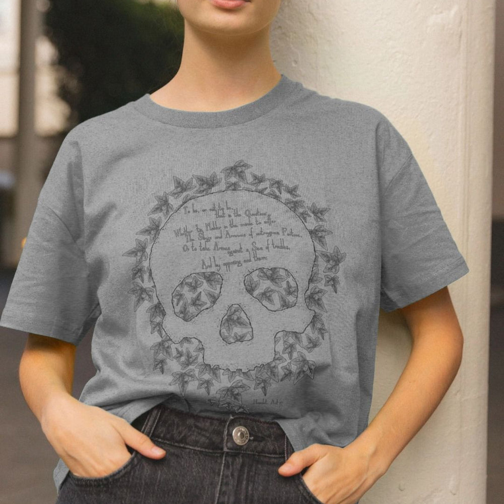 Heathered grey cotton boxy fit t-shirt with graphic leaf skull motif and graphic text in pale grey colour across the front