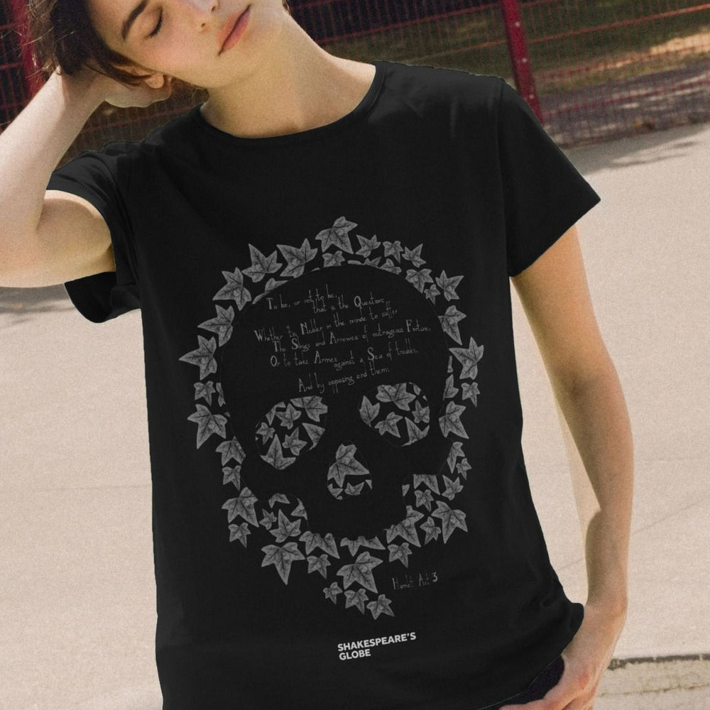 Black cotton fitted t-shirt with graphic leaf skull motif and graphic text in pale grey colour across the front