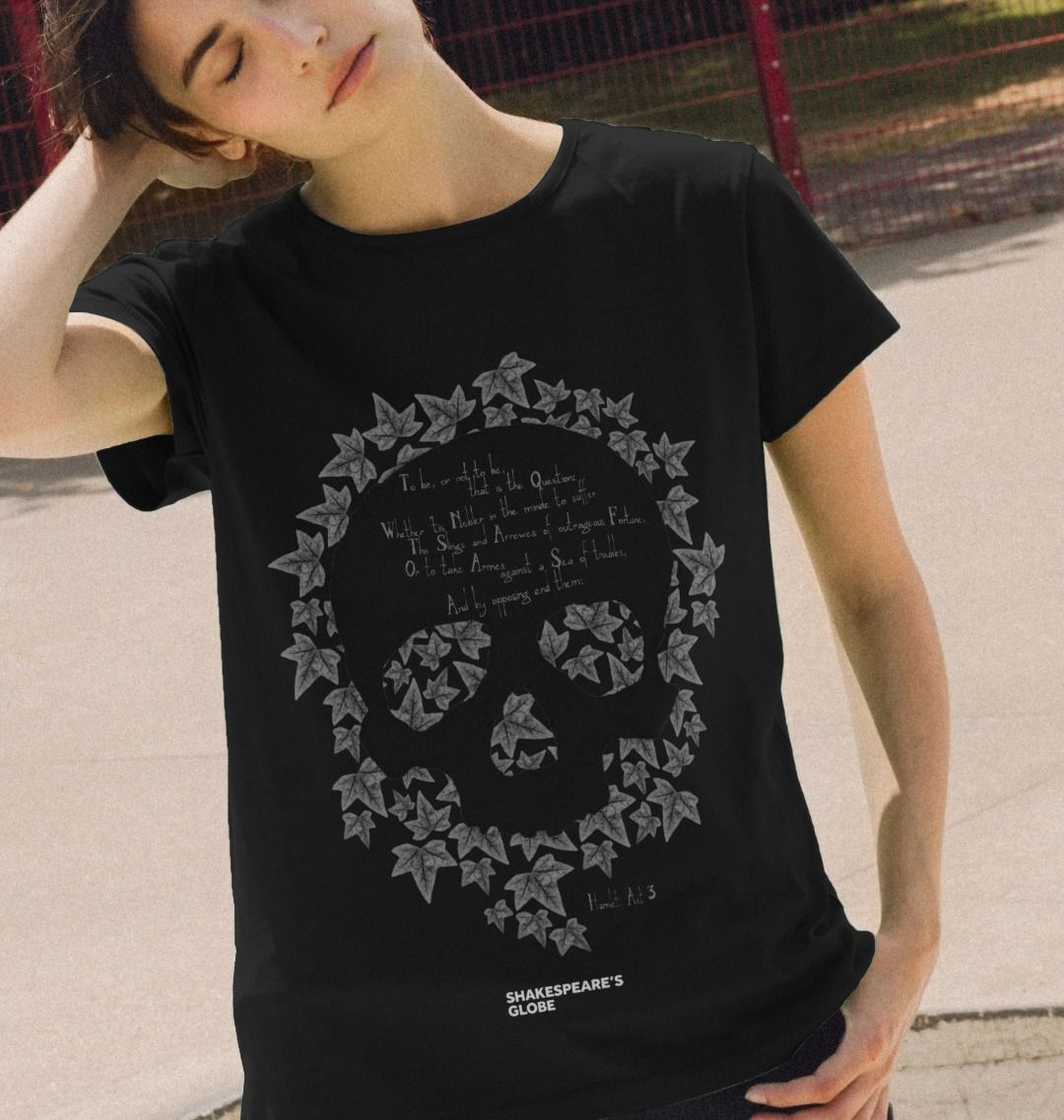 Black cotton fitted t-shirt with graphic leaf skull motif and graphic text in pale grey colour across the front