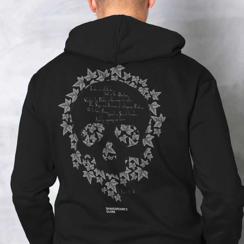 Black cotton sweatshirt graphic with leaf skull motif and graphic text in pale grey colour across the back