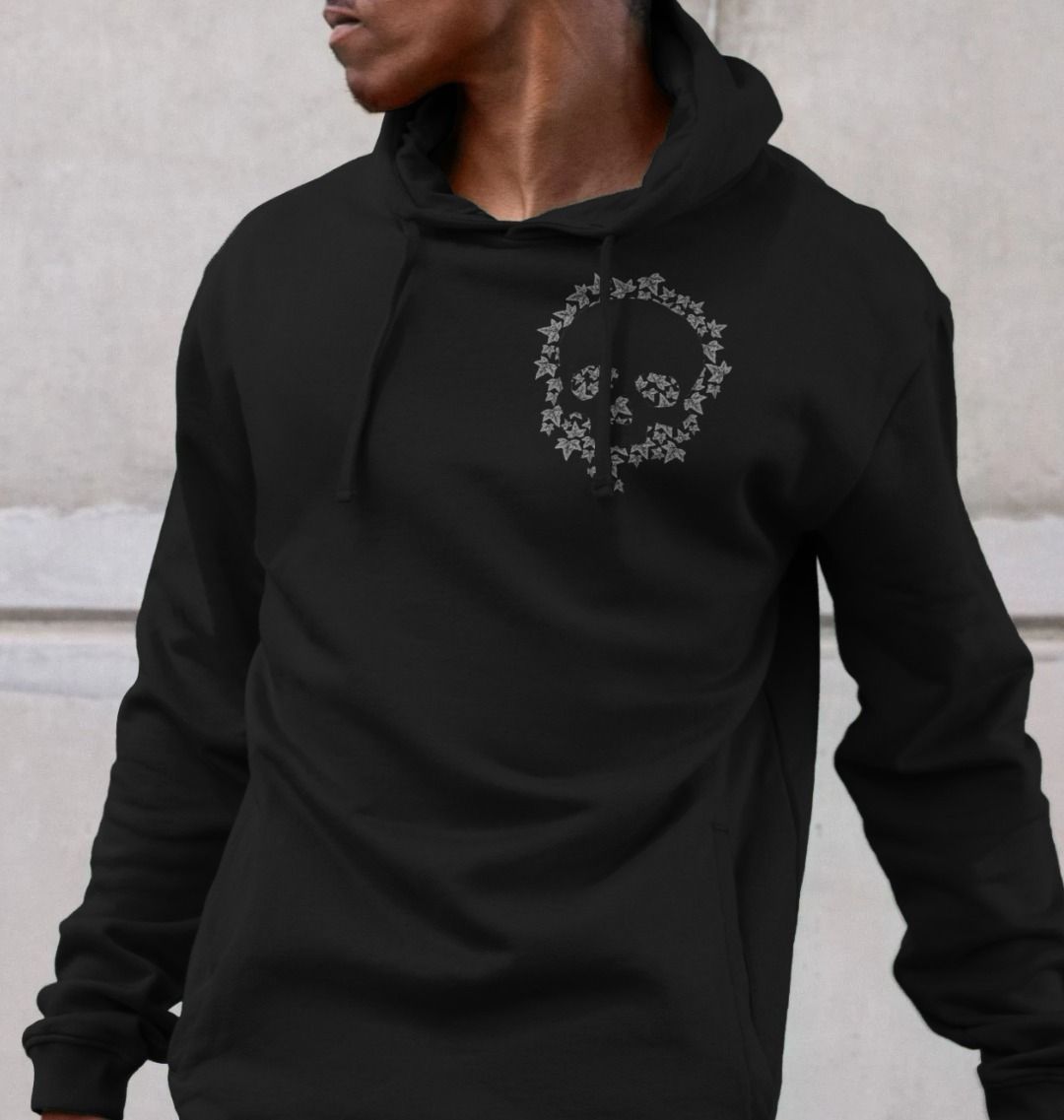 Black cotton sweatshirt graphic with leaf skull motif in pale grey colour on upper left chest 