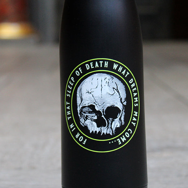 Black matt drinks bottle with central white and yellow skull graphic and surrounding Hamlet quote text