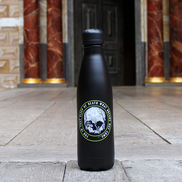 Black matt drinks bottle with central white and yellow skull graphic and surrounding Hamlet quote text