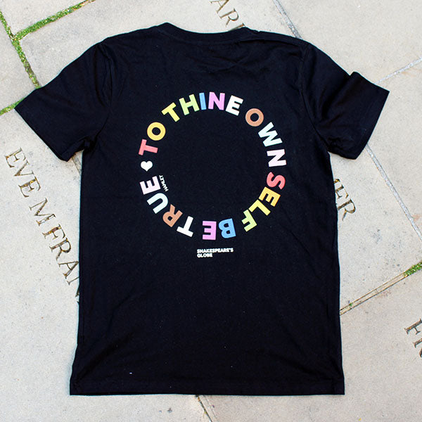 black t-shirt printed on the back with a colourful quote