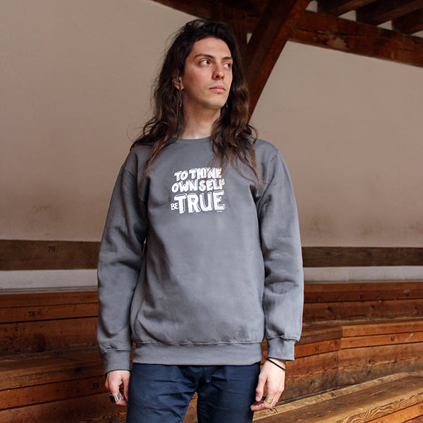 Grey cotton blend sweatshirt with white graphic text in centre front.