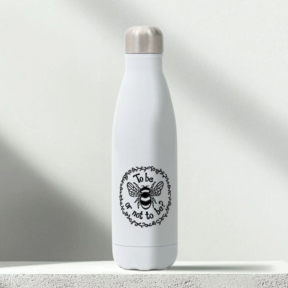 white metal water bottle with a silver coloured top and a black bee motif print