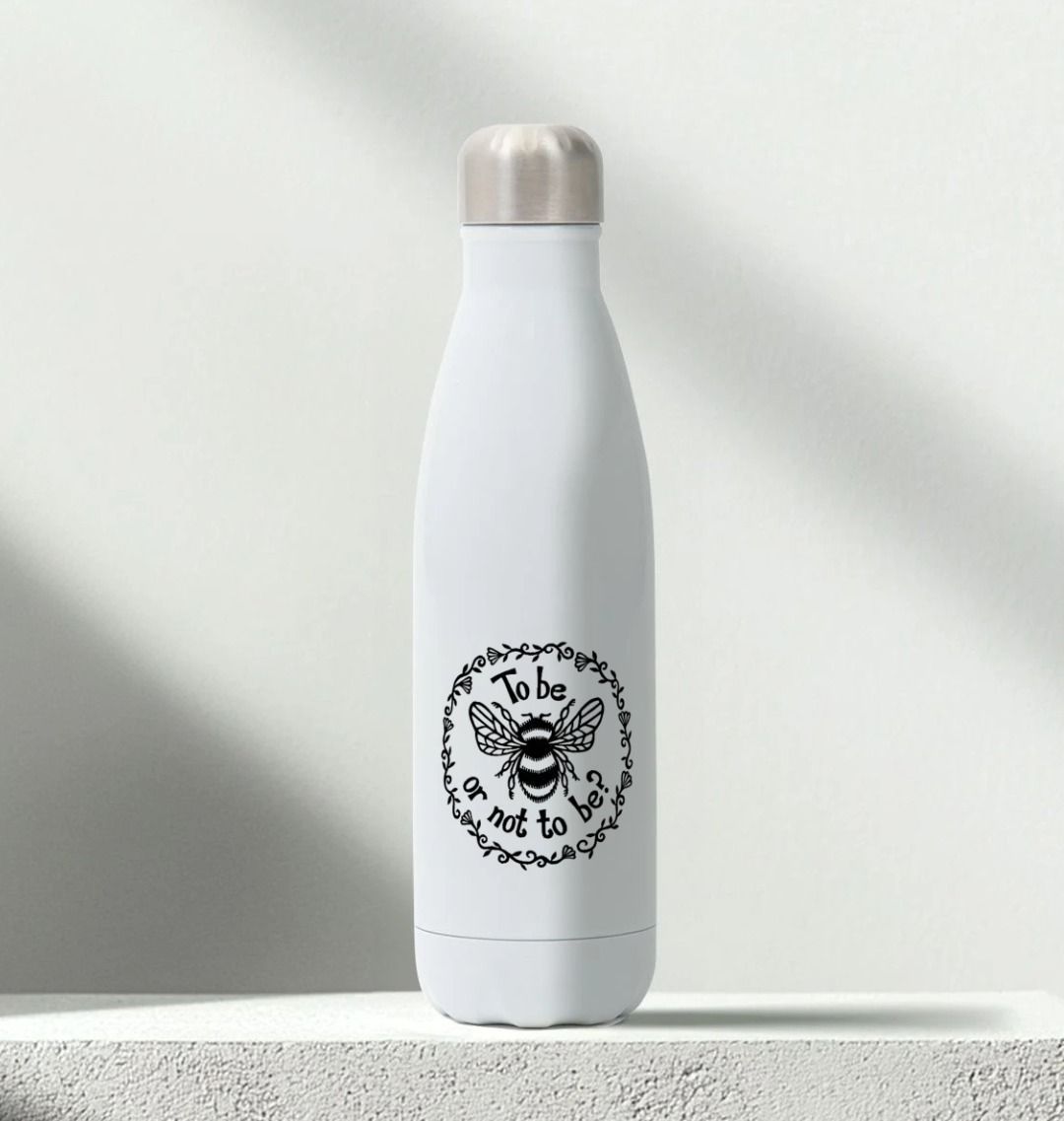 white metal water bottle with a silver coloured top and a black bee motif print