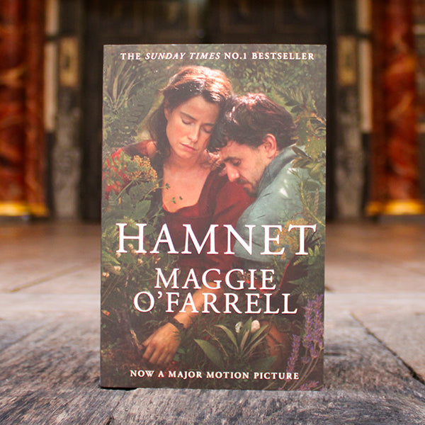 Book cover of 'Hamnet' by Maggie O'Farrell with a blurred background