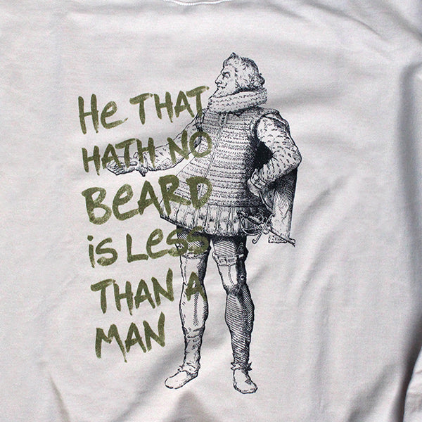 
                      
                        Sand coloured cotton sweatshirt with black line drawing of man in a ruff with a beard and gold text
                      
                    