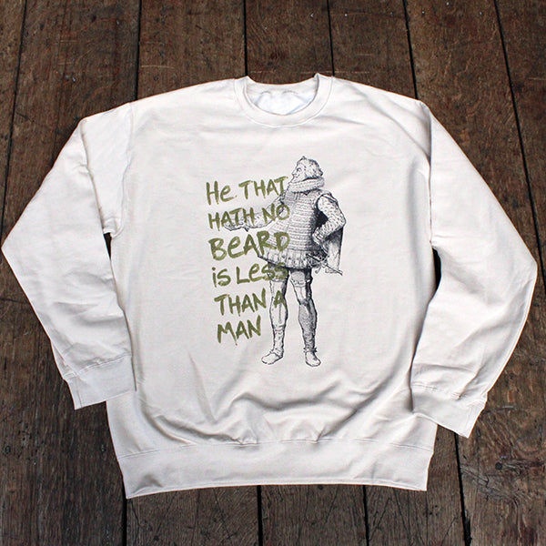 
                      
                        Sand coloured cotton sweatshirt with black line drawing of man in a ruff with a beard and gold text
                      
                    