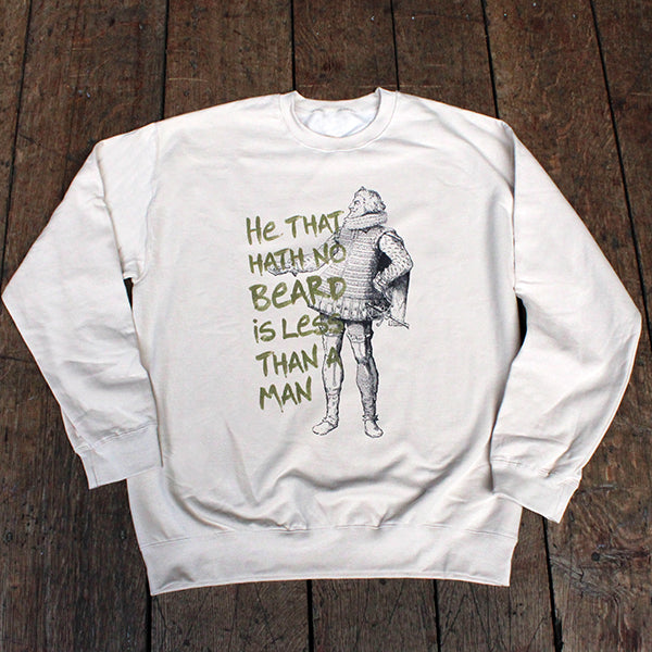 Sand coloured cotton sweatshirt with black line drawing of man in a ruff with a beard and gold text