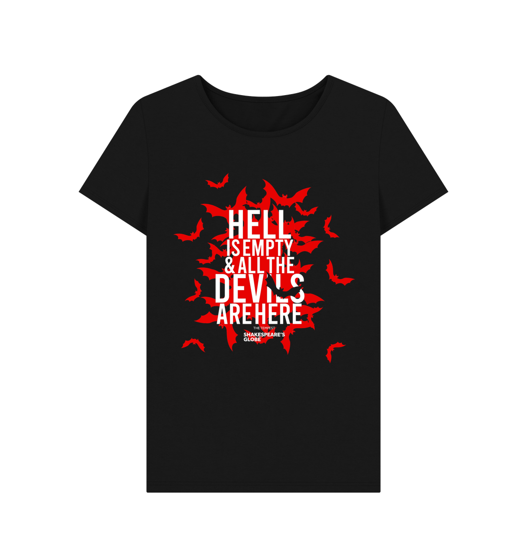 Black cotton fitted t-shirt with red image of bats flooding out, with white text on top