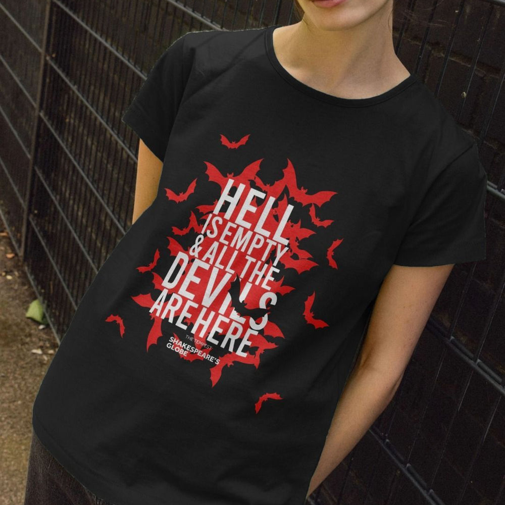 Black cotton fitted t-shirt with red image of bats flooding out, with white text on top