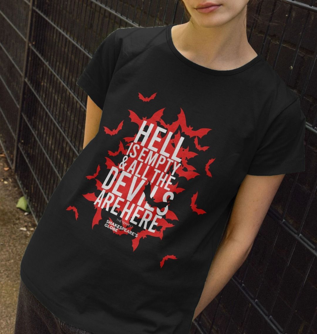 Black cotton fitted t-shirt with red image of bats flooding out, with white text on top