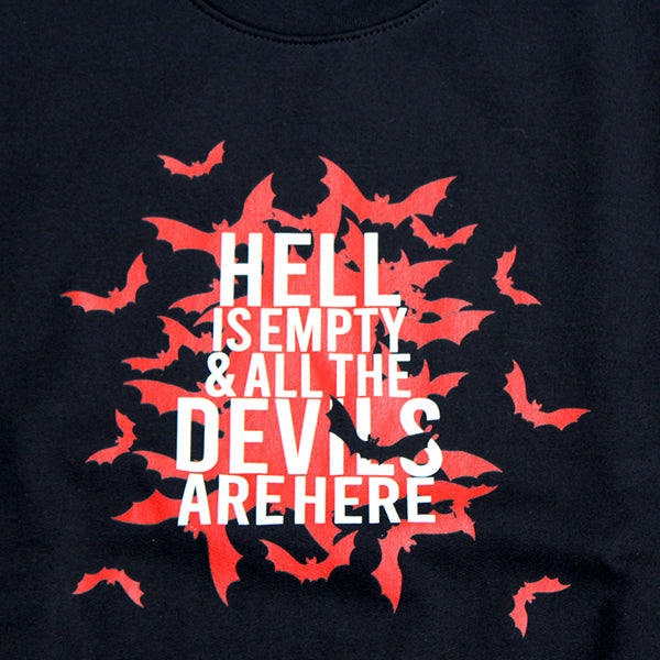 Black polycotton sweatshirt with red bats graphic in centre, overlayed with white text