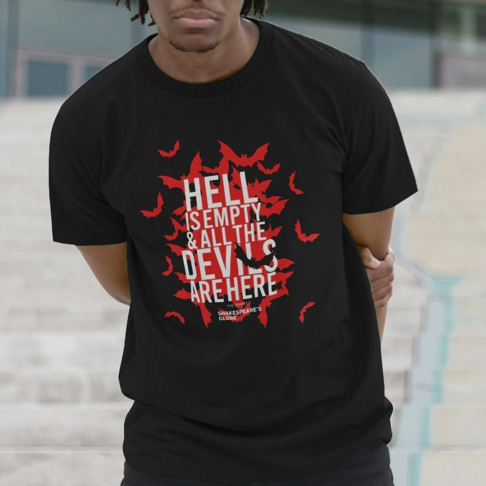 Black cotton unisex t-shirt with red image of bats flooding out, with white text on top