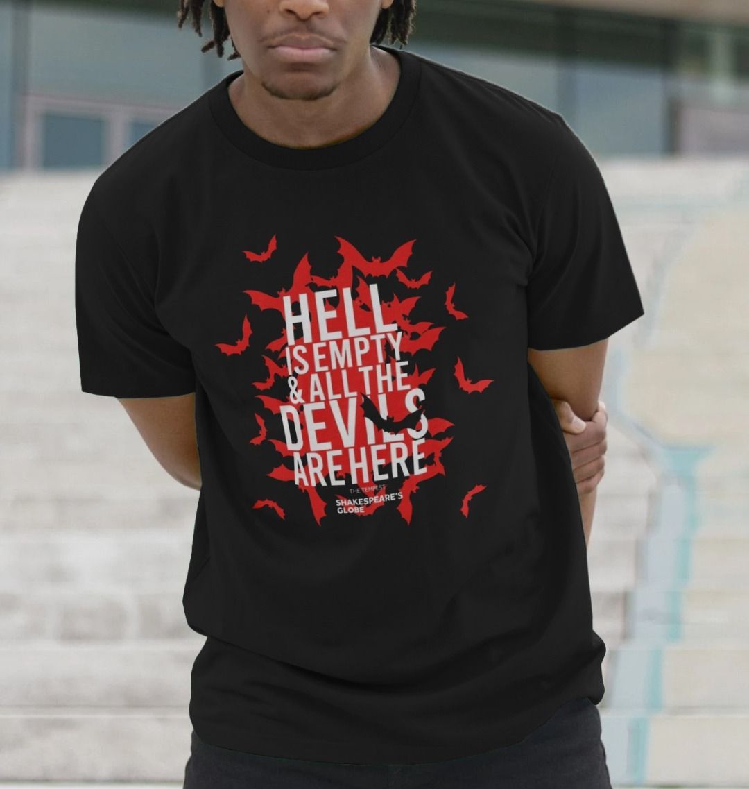 Black cotton unisex t-shirt with red image of bats flooding out, with white text on top