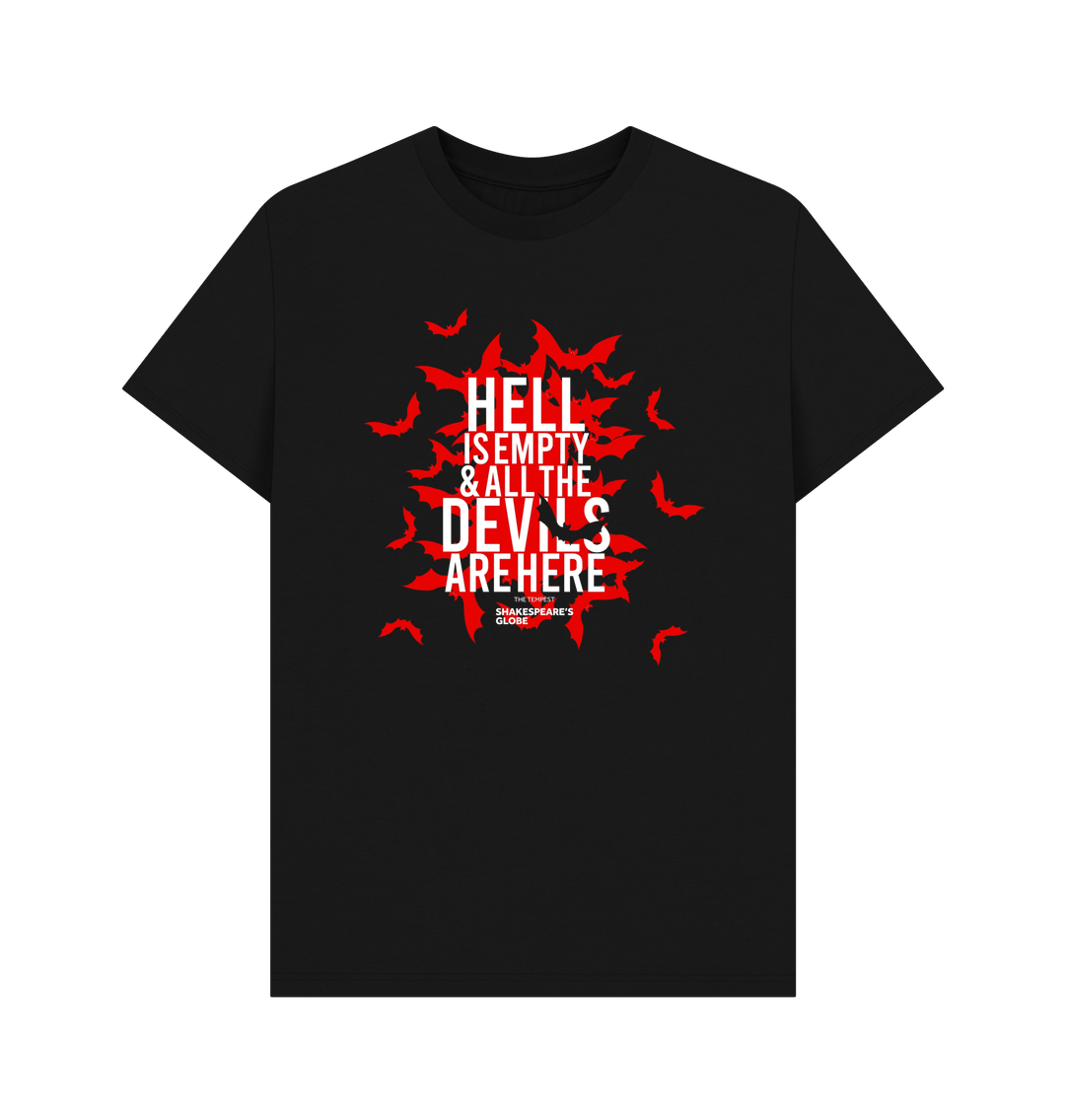 Black cotton unisex t-shirt with red image of bats flooding out, with white text on top