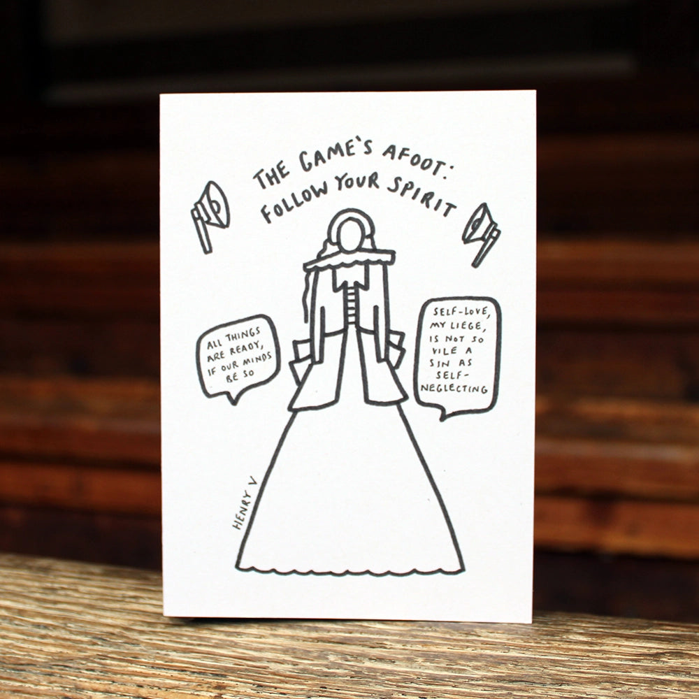 white card with a black line drawing of a woman in Tudor dress with a quote above