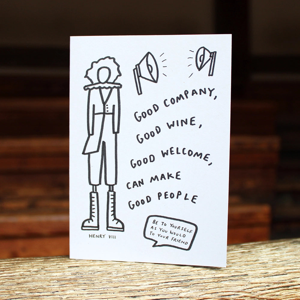 white greetings card with a black line drawing of a figure with a quote to the right