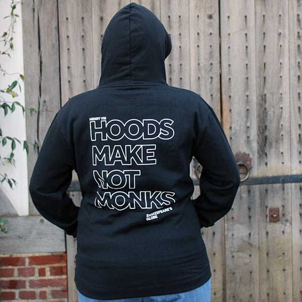 Black cotton hoodie with a large back print of a quote in outline white text