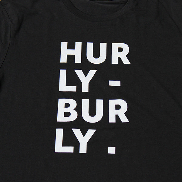 
                  
                    Black t-shirt with bold white graphic text aligned to the left
                  
                